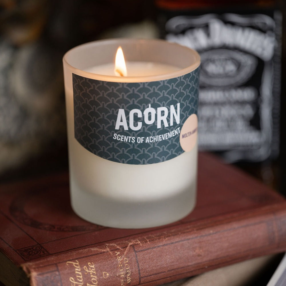 molten amber scented soy wax candle in a jar