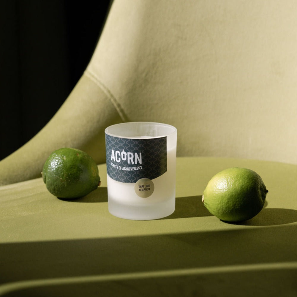 Thai Lime and Mango scented soy wax candle in a jar